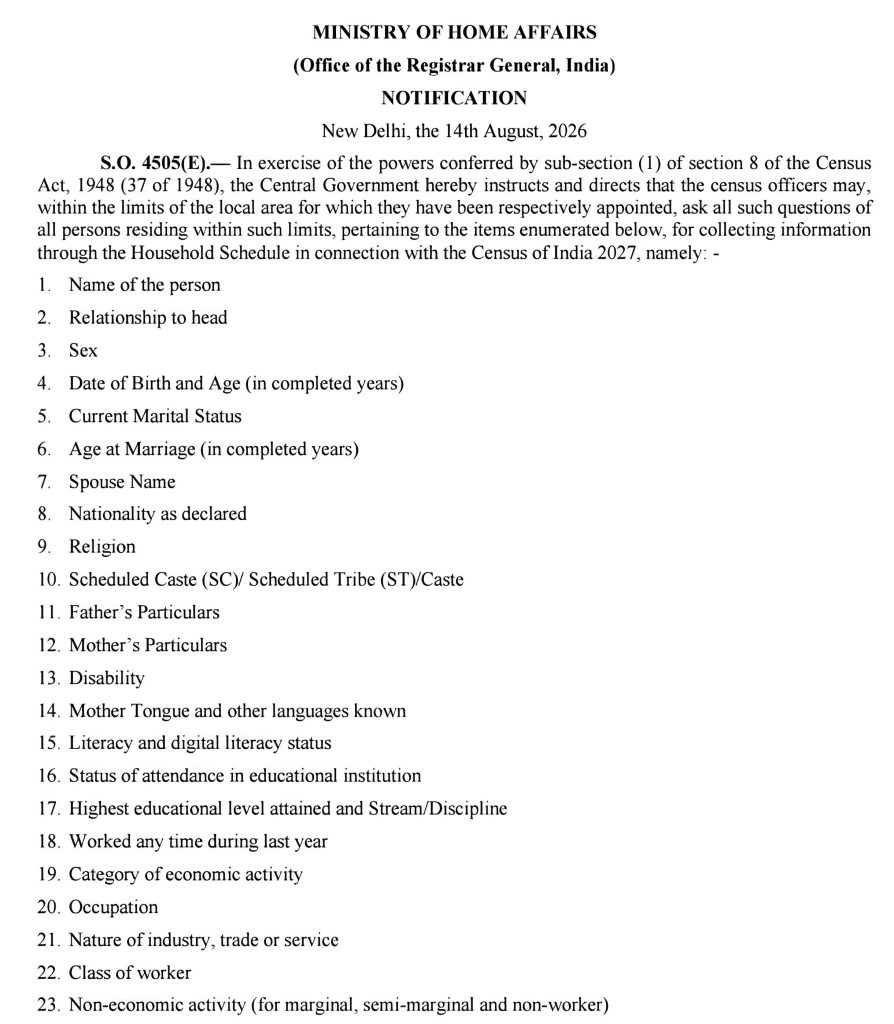40 Questions to be Asked in Census 2027 (Notification issued by the Registrar General of India)